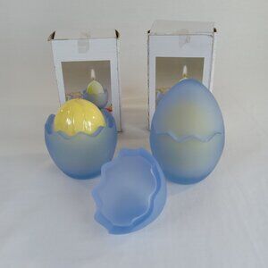 Set of 2 Frosted Blue Glass Egg Candle Holders with Yellow Candles Easter Decor